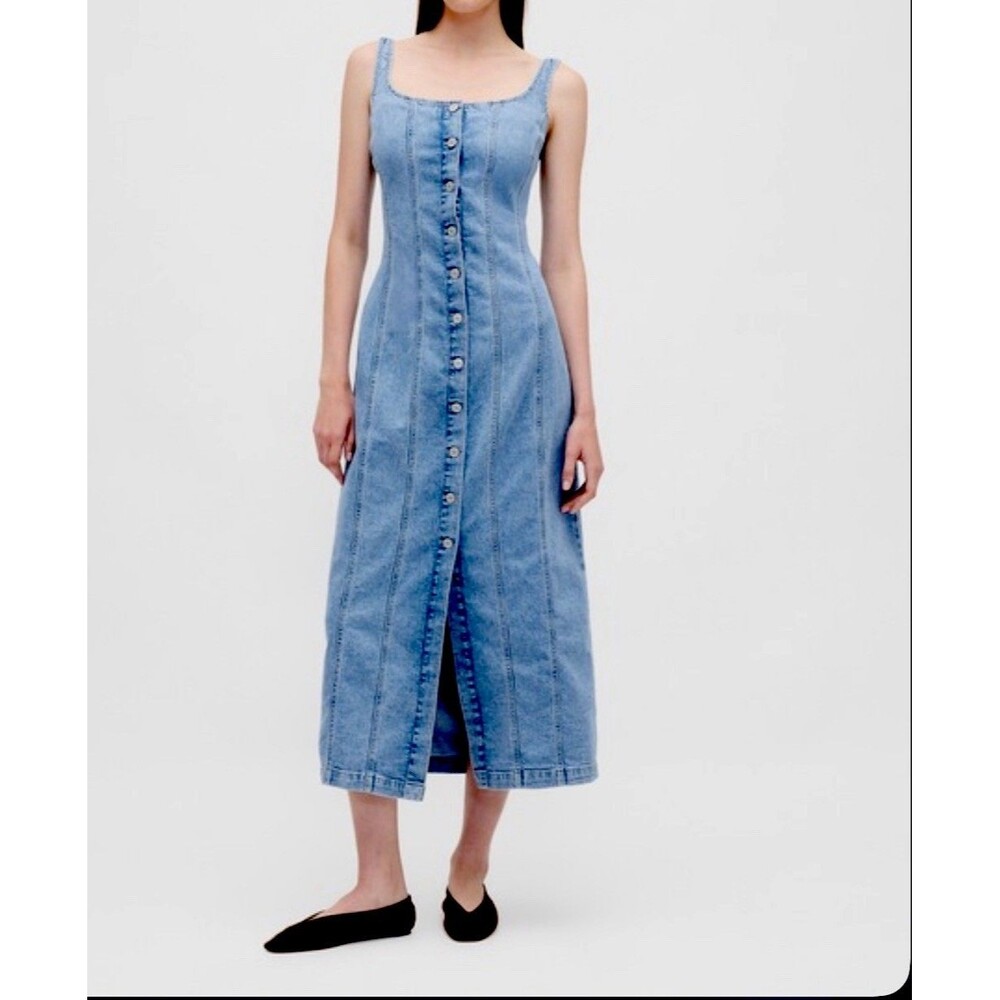 Gap Seamed Button-Front Maxi Dress Blue Denim Medium Modest Western New Tags